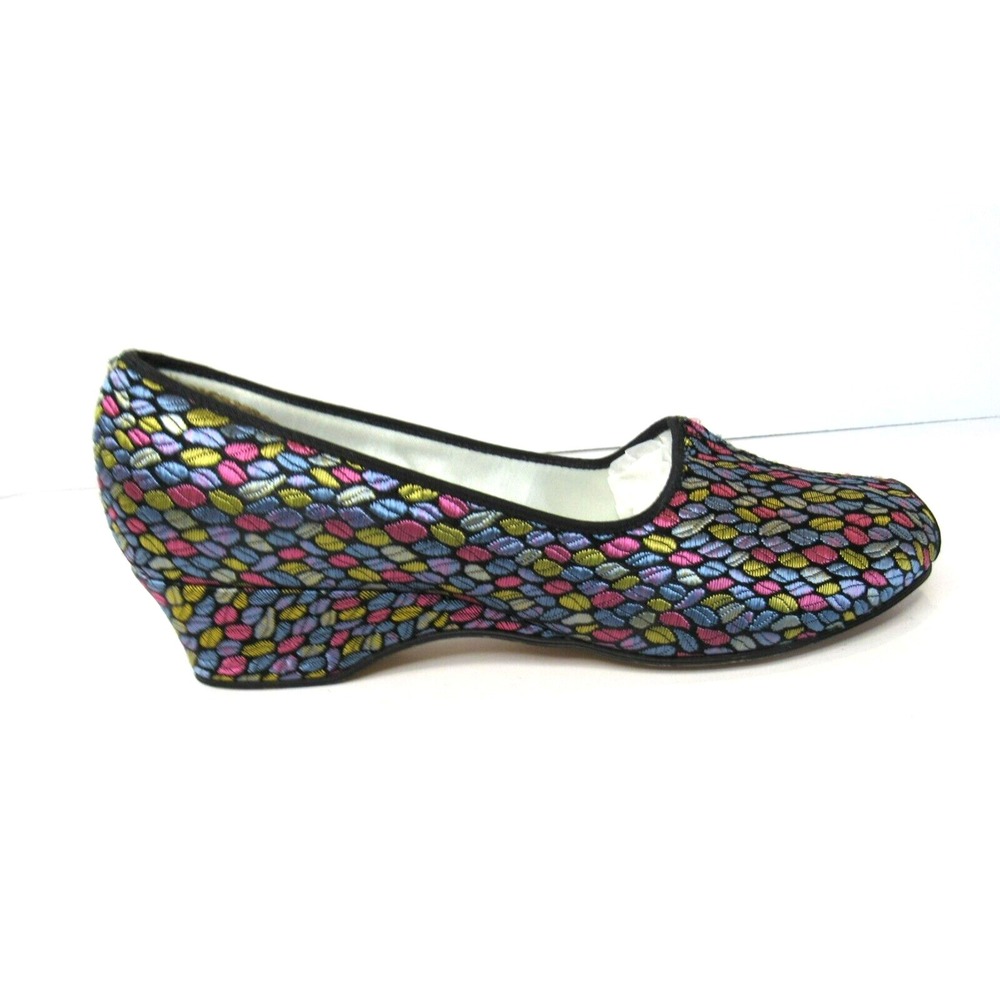Vintage Daniel Green Jacquard Peep Toe Wedge Boudoir Slippers Hostess Shoes
